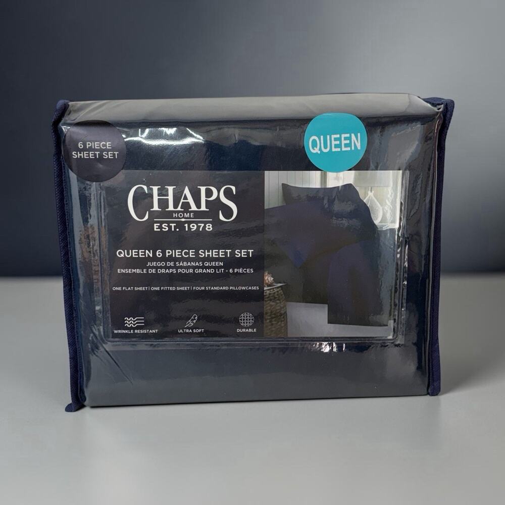 CHAPS by Ralph Lauren 6-piece Queen Sheet Set Sheets/4 Pillowcases Navy Blue NEW